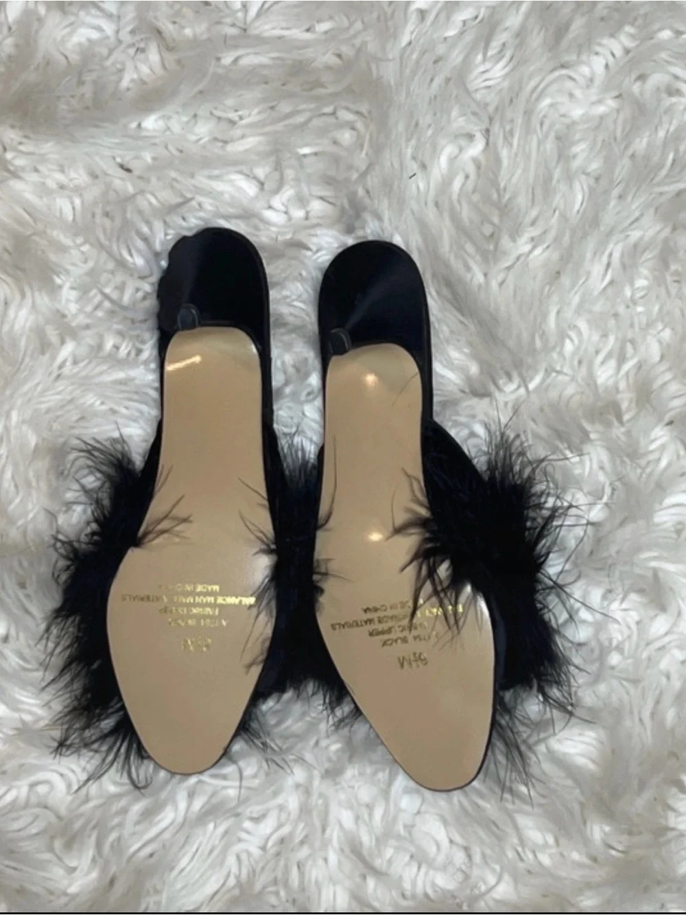 VTG Jessica Black Feather Kitten heel Sandals with Gold Insole